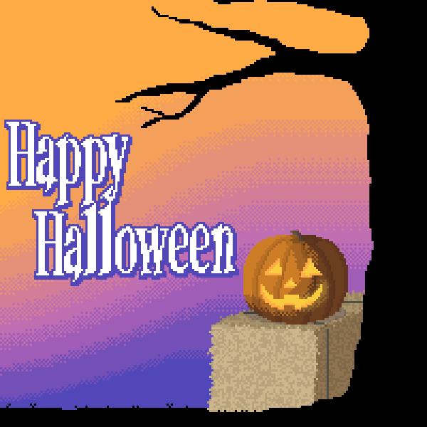 Image of a jack-o-lantern sitting underneath a tree with text that says 'Happy Halloween'