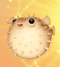 Screenshot of the pufferfish emoji from Messenger. The fish has bulging eyes and an open-mouthed dopey grin.