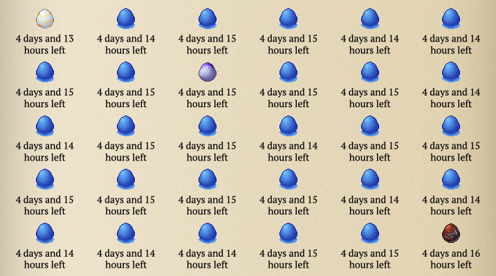A screenshot of the Abandoned Page, showing all but two of the 30 eggs to be Water Dragon eggs.