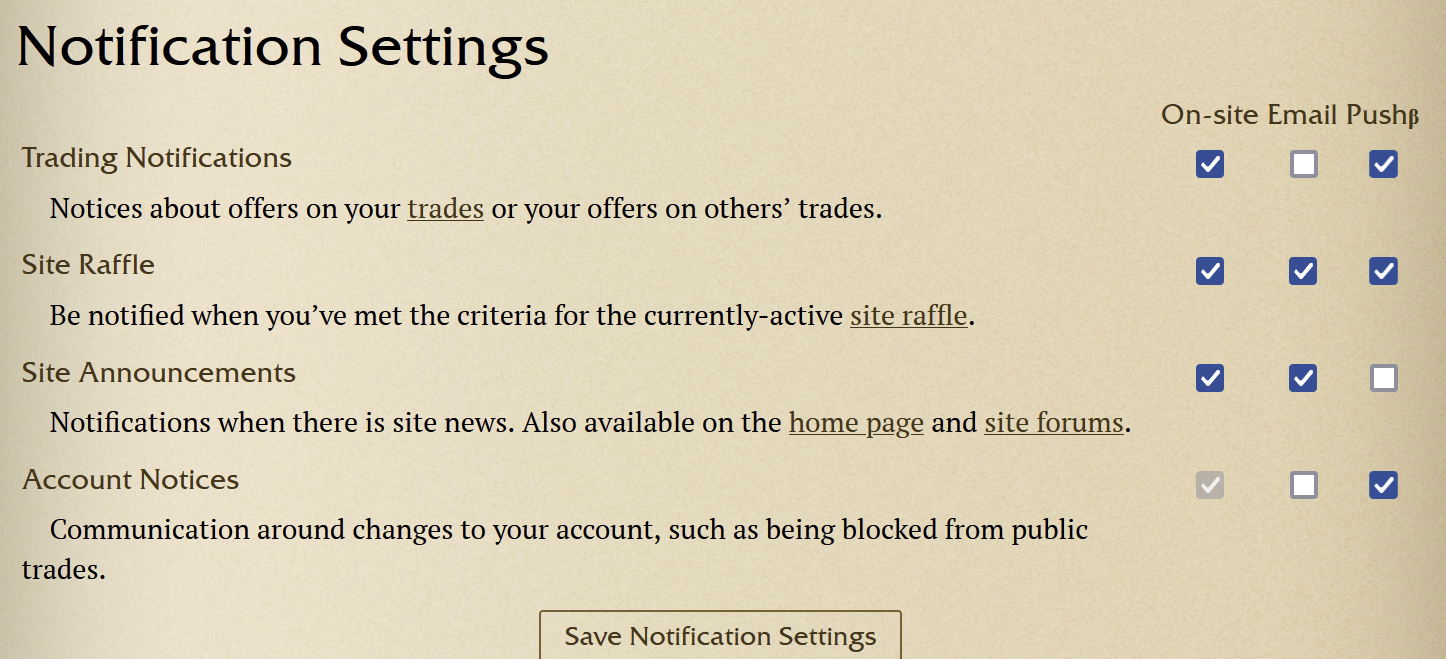 Screenshot of the notification settings page