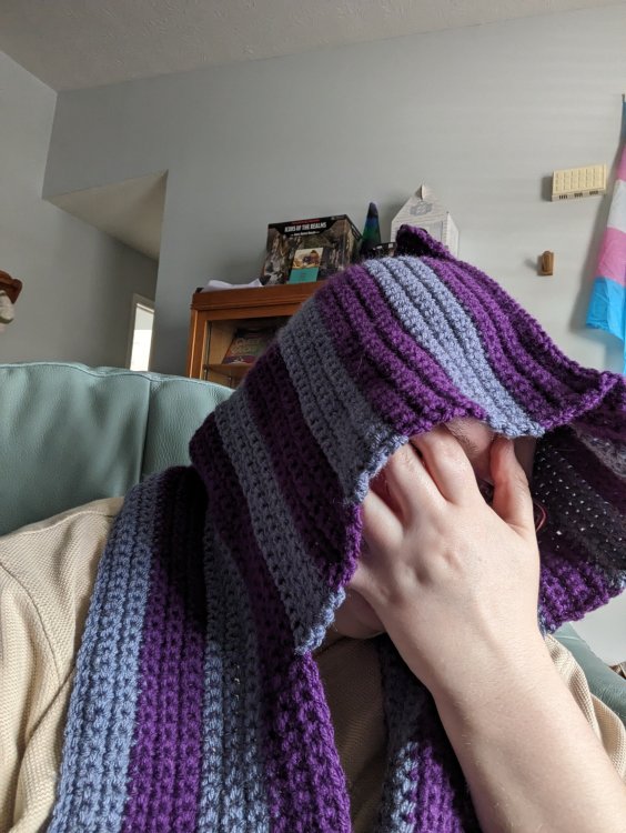 A picture of me in my blue and purple striped hoodie scarf, hand over face