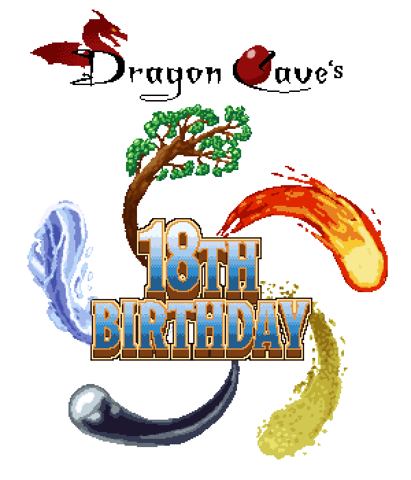 "Dragon Cave's 18th Birthday." Graphic containing 5 elemental swirls: Fire, earth, metal, water, and wood.